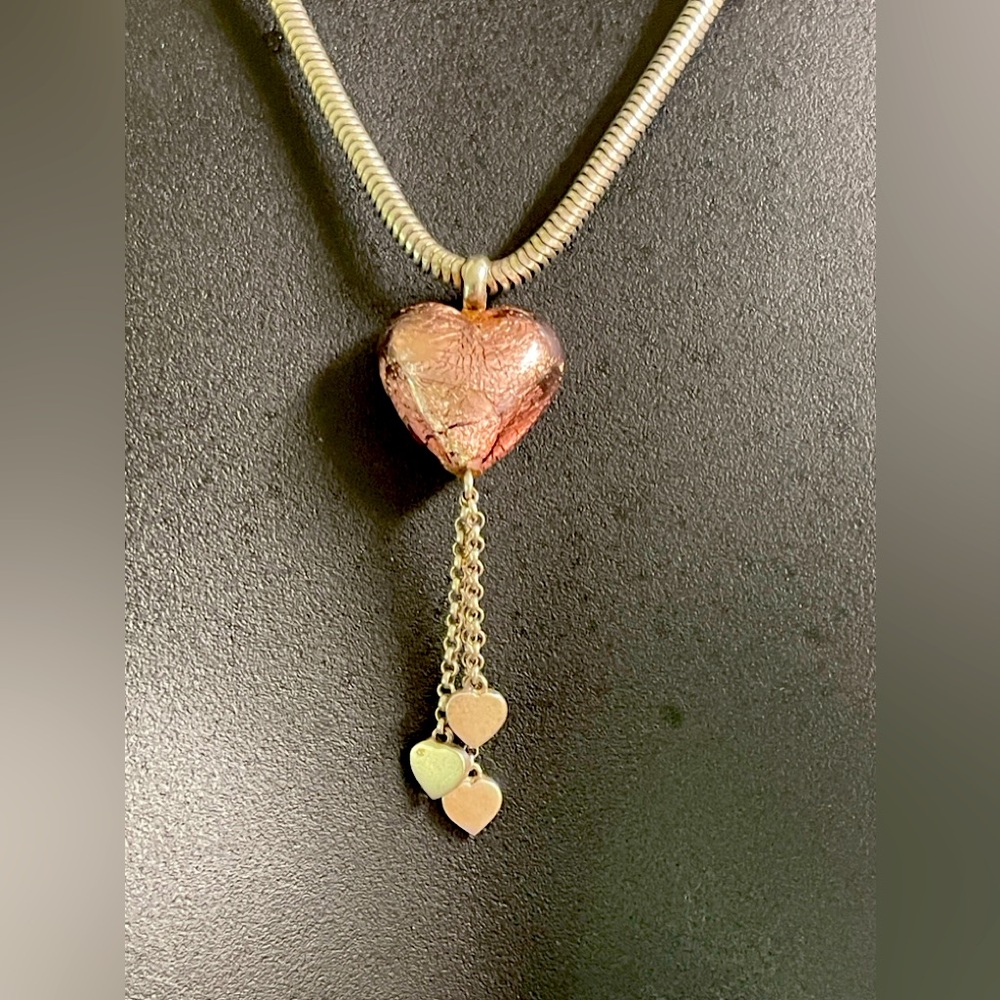 Vintage, Pink silver foil Murano Heart of Glass necklace.